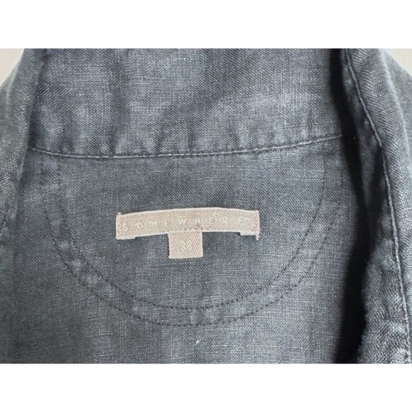 Womens French 100% Linen Navy Blue Roll Tab Sleeve Tunic Shirt Jacket Size Small - Picture 9 of 13